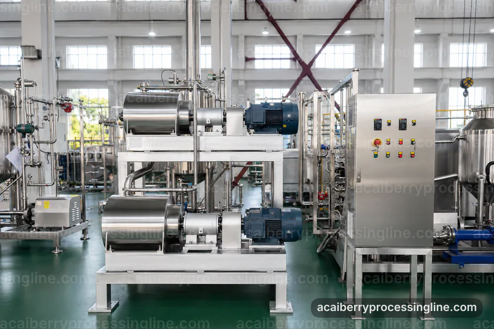 industrial acai berry processing line, plant integration: pulping with seed separation section operating stage