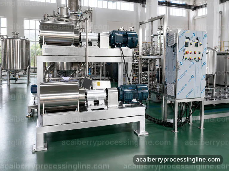 industrial acai berry processing line, feed and output handling: pulping with seed separation section connection view