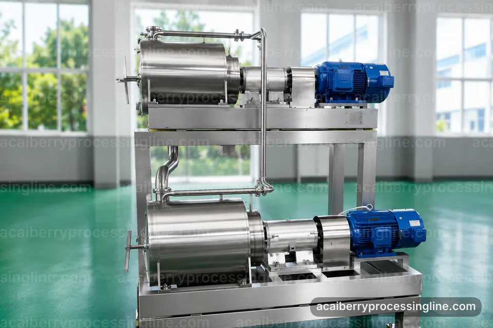 industrial acai berry processing line, feed and output handling: seed tolerant pulper operating stage