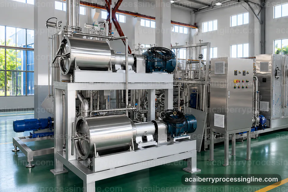 industrial acai berry processing line, operating principle: seed tolerant pulper operating stage